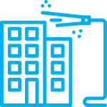 Illustration of a building being power washed. Water sprays across the structure, cleaning the exterior. Perfect for a blog about power washing.